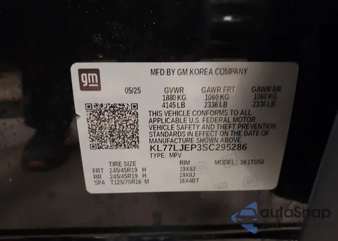 2025 Chevrolet Trax Fwd 2Rs z USA, uszkodzony, nr VIN KL77LJEP3SC295286